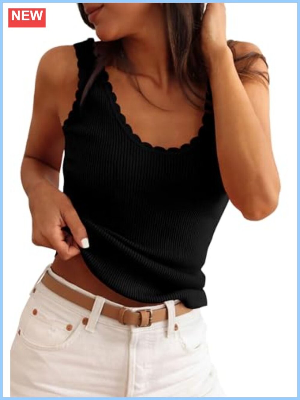 Women's Ribbed Knit Sleeveless Tank Top Ruffle Trim Slim Fit